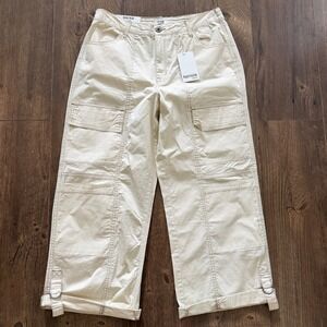 Kensie Jeans Cargo Pants Cream High Rise Wide Leg D Ring Hem Straps Women 10/30